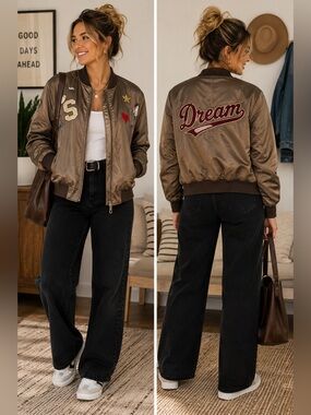 Forever 21 Patch Bomber Jacket Bronze Satin Dream Graphic Zip Coat NWT